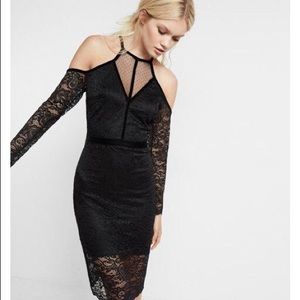 Black Lace Dress Cold Shoulder- Express